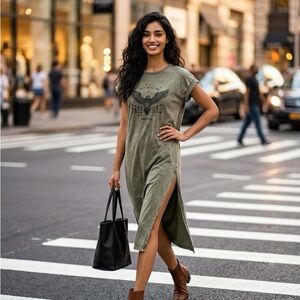 Chic Olive Green Midi Dress with Side Slit